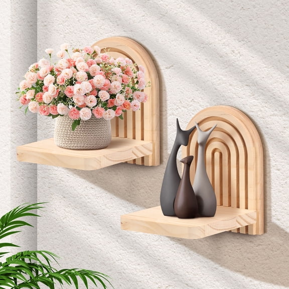 FKSZLL Boho Wood Wall Hanging Shelf, Wooden Floating Shelves with Rainbow Arched Wood Design Rustic Display Rack for Storing Trinket for Bedroom Living Room Bathroom Decor, 5.9 x 4.5 Inch, 2 Pack