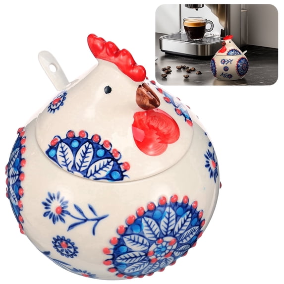 FKSZLL Ceramic Salt Cellar with Lid and Spoon 13 OZ Large Chicken Shape Salt Jar Holder for Counter Coffee Sugar Spice and Candy Container for Countertop,Blue