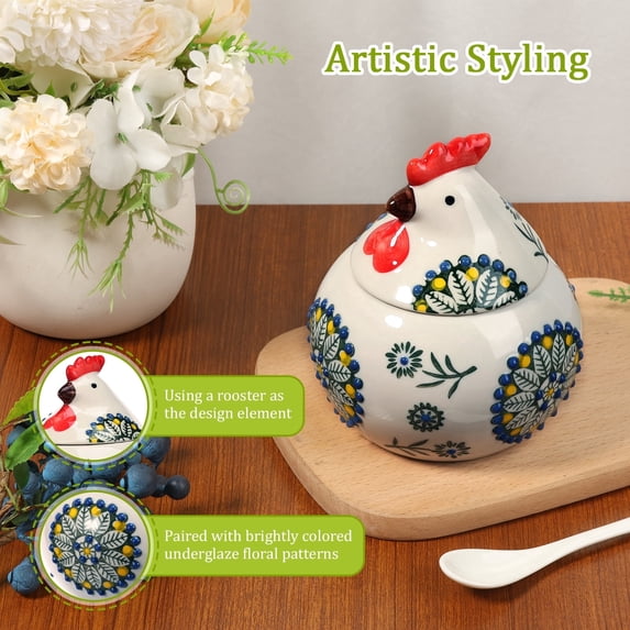 FKSZLL Ceramic Salt Cellar with Lid and Spoon 13 OZ Large Chicken Shape Salt Jar Holder for Counter Coffee Sugar Spice and Candy Container for Countertop,Green