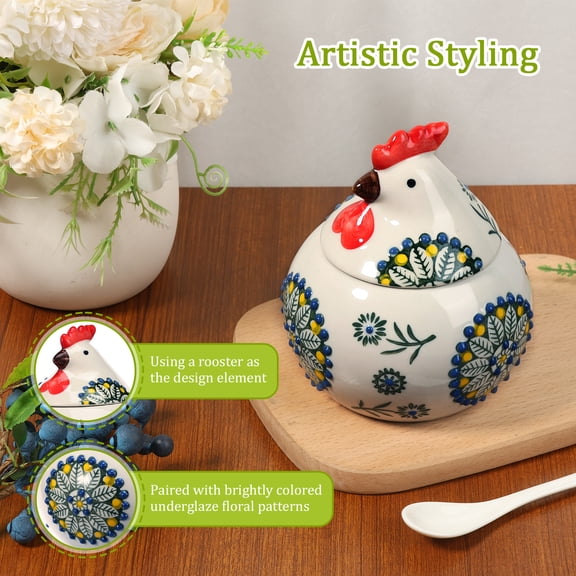FKSZLL Ceramic Salt Cellar with Lid and Spoon 13 OZ Large Chicken Shape Salt Jar Holder for Counter Coffee Sugar Spice and Candy Container for Countertop,Green