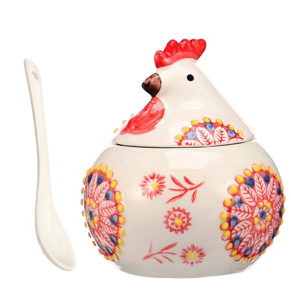 Ceramic Spice Cellar Chicken with Lid 5.3 Inch Storage Jar Rooster Shape with Flower Relief Storage Container for Kitchen Snack Spice Decorative Biscuit Jar for Household and Easter