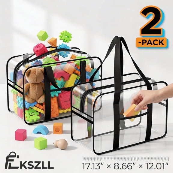 2 Pack Clear Toy Storage Bags with Zipper, Thick PVC Toy Organizer Bags with Sturdy Handles for Building Blocks, Board Games and Travel