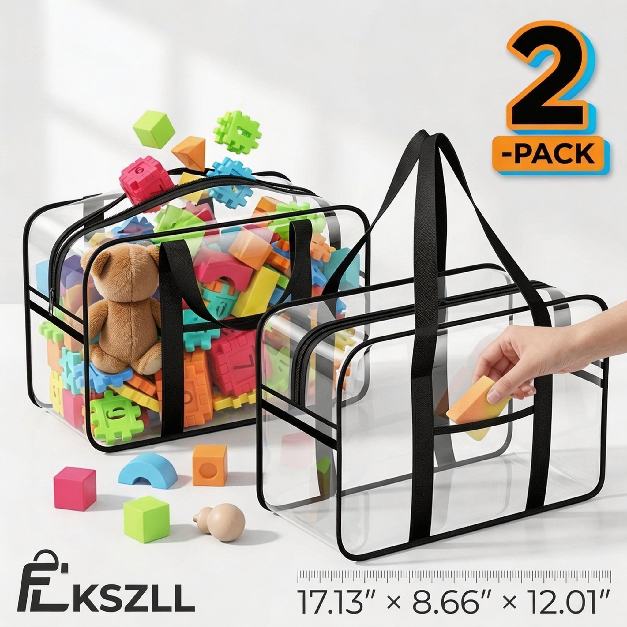 FKSZLL 2Pcs Toy Storage Bags PVC Clear Organizer Bags with Zipper and Handles for Building Block Puzzle Book Board Game Portable Cosmetic Bag for Home and Traveling