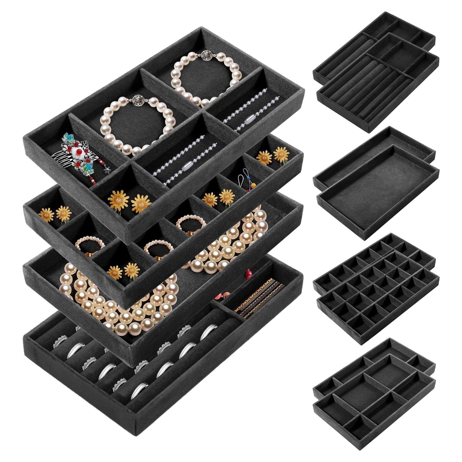 Velvet Jewelry Trays for Drawers, Set of 12 Stackable Jewelry Drawer Organizer Inserts, 4 Styles Black Velvet Drawer Compartment Organizer Tray for Rings, Earrings, Necklace, Bracelet, Watch