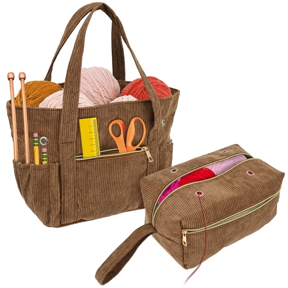 FKSZLL Corduroy Crochet Bag 11.5" Large Yarn Storage Tote with Grommet Needle Holder Knitting Bag Organizer for Crochet Hook Accessory Tool Project Present for Knitter Crafter, Brown