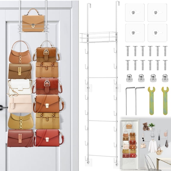 FKSZLL Over the Door Purse Organizer Wall Mounted Handbag Organizer with 16 Hook and Metal Basket Hanging Purse Storage Rack Hold up to 16 Bag Bag Rack Can Use As 1/2 Part for Door Closet, Beige