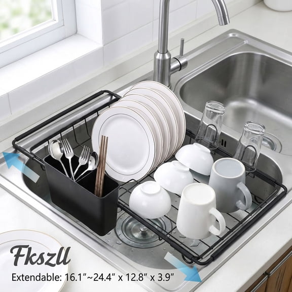 FKSZLL Expandable Dish Drying Rack in Sink Carbon Steel Dish Drain Rack Over Sink, Sink Dish Drainer for Kitchen Counter with Cutlery Holder, 16"~24.4" x 12.8" x 3.9"