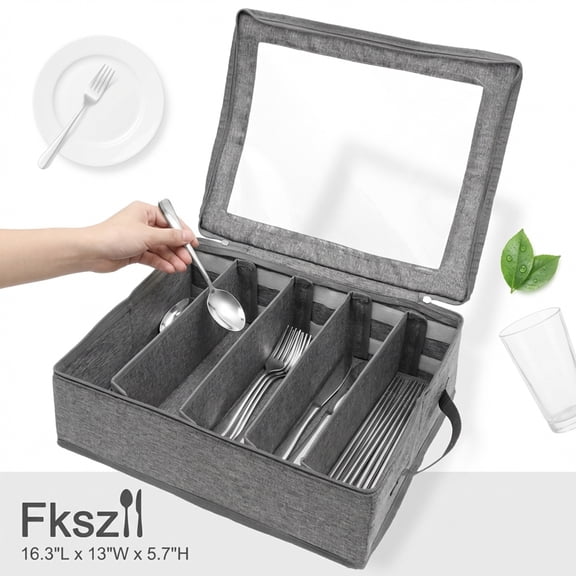 FKSZLL Flatware Storage Case with Zipper Lid Silverware Organizer Storage Box Utensil Storage Holder for Organizing Cutlery, Flatware, Knives Fork, 16.4" x 13" x 5.7" Gray ﻿ ﻿