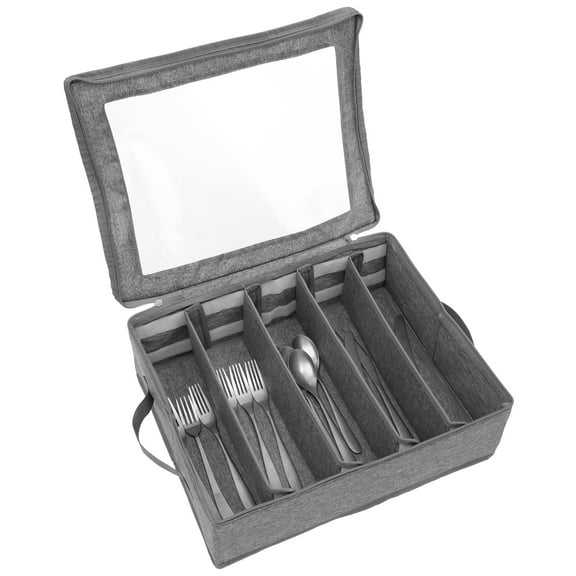 FKSZLL Flatware Storage Case with Zipper Lid Silverware Organizer Storage Box Utensil Storage Holder for Organizing Cutlery, Flatware, Knives Fork, 16.4" x 13" x 5.7" Gray ﻿ ﻿