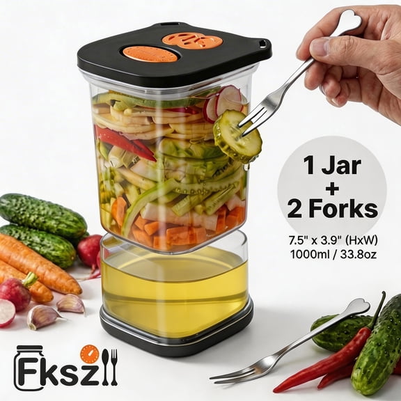 Fkszll Flip Pickle Jar 33.82 oz Clear Square Pickle Container with 2 Fork and Timer Recorder Olive Container Jar for Gherkins Olives Onions Garlic