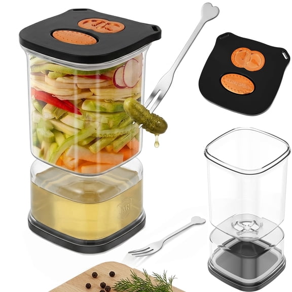 Fkszll Pickle Jar With Strainer Flip, 34oz PP Hourglass Pickle Container with Date Tracker Lid and 2 Forks