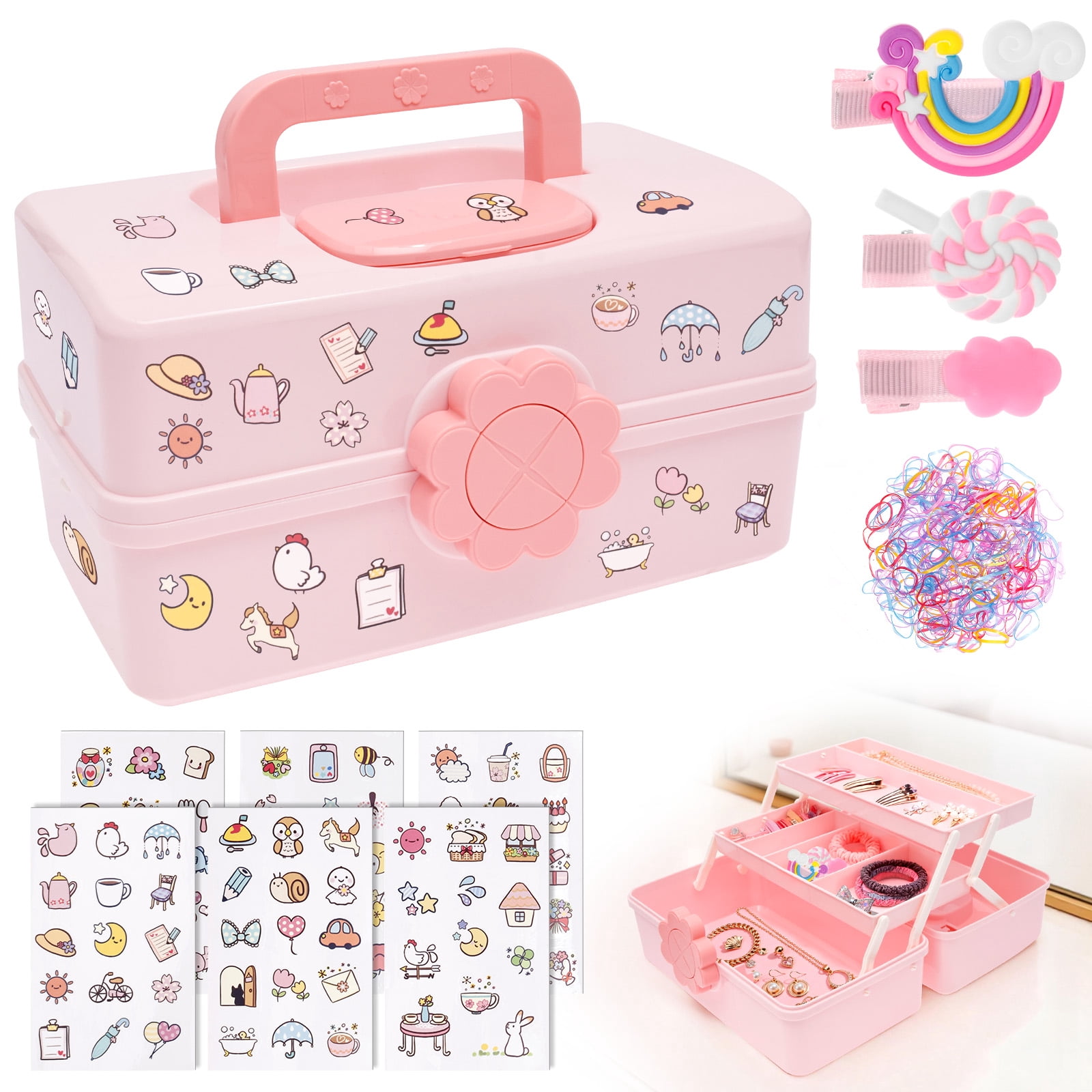FKSZLL Hair Accessories Storage Box Plastic 3 Layer Pink Lockable Craft Storage Container Portable Cute Girl Hair Clip Holder Case with Handle for Toy Nail Tool Stationery