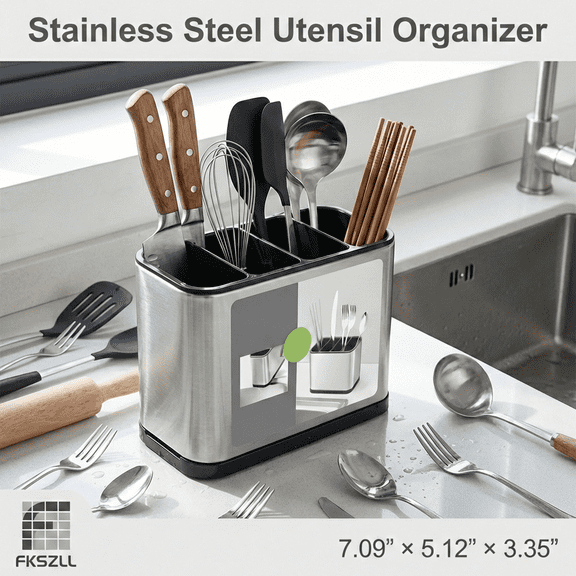 FKSZLL Silverware Organizer Kitchen Utensil Holder Stainless Steel Utensil Caddy for Counter Large Capacity 4 Compartments Fork Spoon Cutlery Storage Holder, 7.1" x 5.1" x 3.3"