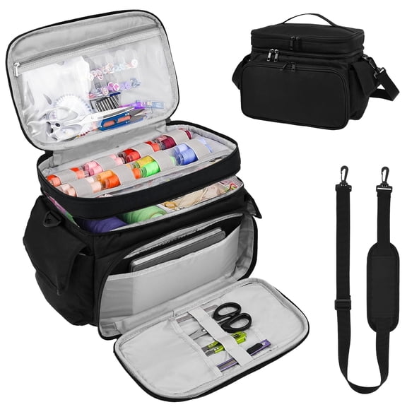 Double Layer Sewing Organizer Bag, Large Sewing Box for Quilting Supplies Storage Travel Craft Case with Removable Dividers & Shoulder Strap