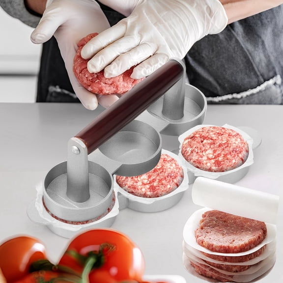 FKSZLL Mini Burger Press Small Meat Patty Maker with 200 Paper Round Shape Press Patty Maker for Mini Hamburger Barbecue Picnic Camping Three 2.64 inch Mold , 3 Slot
