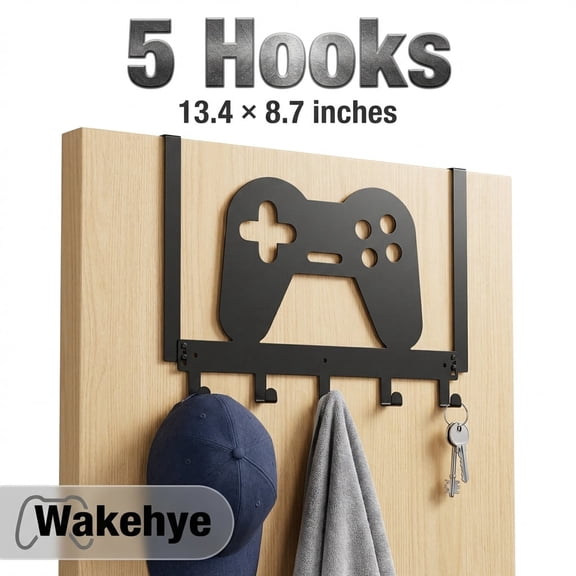 Over The Door Hook Wall Mount Rack, 5 Hooks Metal Gamepad Style Hanger for Bathroom Bedroom