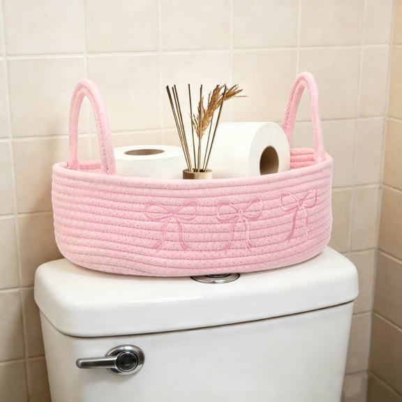 FKSZLL Pink Bow Woven Storage Basket with Handle Boho Bowknot Cotton Rope Woven Bathroom Vanity Organizer Bin Toilet Paper Storage Basket Baby Essential Organizer Bathroom Decor 13x6x4 Inch
