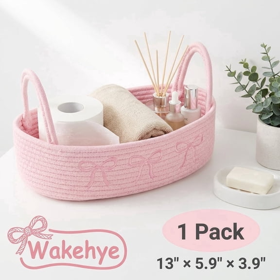 Pink Bow Woven Storage Basket with Handle Boho Cotton Rope Bathroom Countertop Organizer Basket Bathroom Decor for Toilet Paper Roll Towel Cosmetic, 13" x 6" x 4"