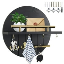 FKSZLL ﻿ Round Key Hanger Wall Mount Wood Key Holder with Shelf and Hooks Round Wooden Key Mail Organizer Rustic Home Decor for Entryway Hallway Kitchen Black