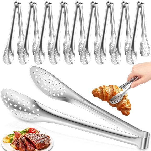 FKSZLL Serving Tong 10 Pack 7 Inch Stainless Steel Silver Buffet Tong Heat Resistant Cooking Clamp Tool for Salad Fish Steak Barbecue Buffet Meat