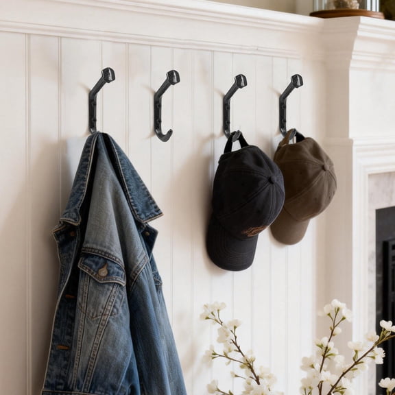 FKSZLL Set of 4 Iron Wall Hook Rustic Heavy Duty Iron Hook for Hanging Decorative with Screws for Coat Key Bag Hat and Hanger Black