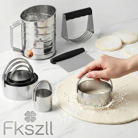 FKSZLL Stainless Steel Pastry Cutter Set, Dough Blender, Biscuit Cutter and 3 Cup Flour Sifter, 8PCS Baking Dough Tools for Cooking Cookies Pie Donuts Cakes
