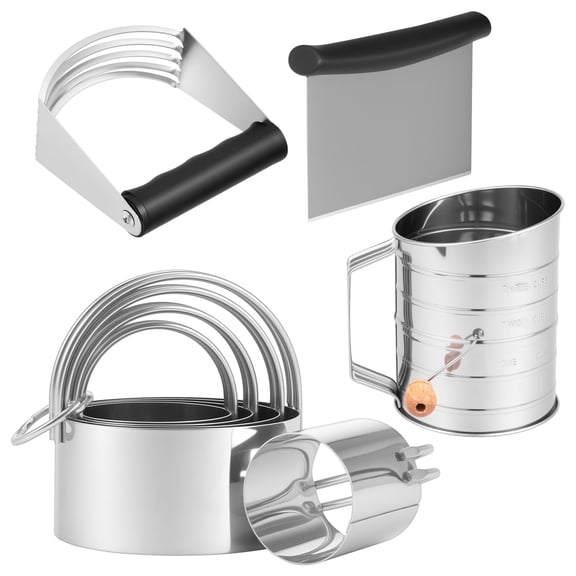 FKSZLL Stainless Steel Pastry Cutter Set, Dough Blender, Biscuit Cutter and 3 Cup Flour Sifter, 8PCS Baking Dough Tools for Cooking Cookies Pie Donuts Cakes
