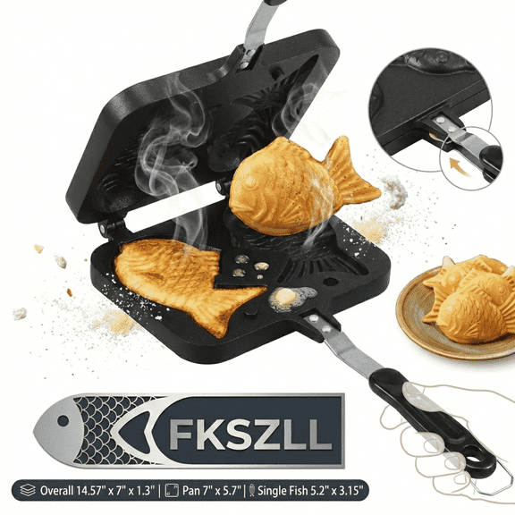 Fkszll Taiyaki Fish Mold Non Stick Waffle Iron Baking Mold Aluminium Alloy Fish Shape Double Pan Cake Bakeware for Kitchen Restaurant Camping Traveling,2 Fish