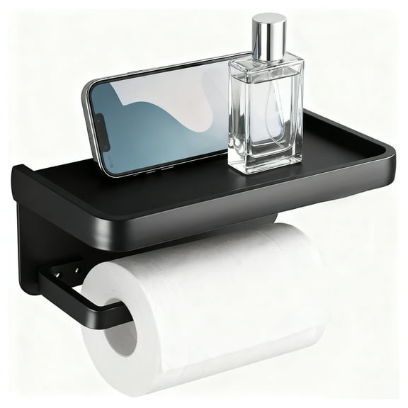 FKSZLL Toilet Paper Roll Holder Toilet Tissue Holder with Phone Shelf Aluminum Wall Mounted Paper Rack with Wipes Storage for Home Bathroom Toilet RV, Black, 7.2 x 3.7 x 3inch