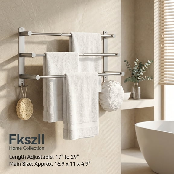 FKSZLL Towel Bars Hanger Stainless Steel Towel Rack, Three Tier Wall Mount Towel Holder, No Punch, Adjustable 17-29 inch with Hooks for Bathrooms and Kitchens