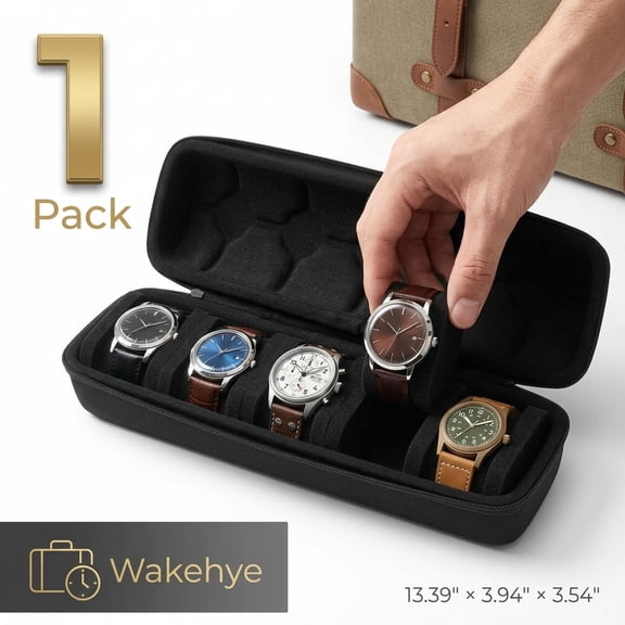 5-Slot Watch Travel Case, Hard Shell Watch Roll Organizer with Compressible Foam Pillows for Men & Women