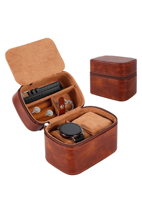 2-Slot Watch Travel Case for Men, Hard PU Leather Watch Organizer Box with Velvet Interior Jewelry Storage Compartment for Rings and Bracelets