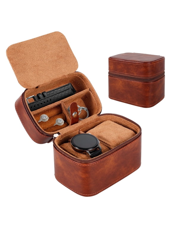2-Slot Watch Travel Case for Men, Hard PU Leather Watch Organizer Box with Velvet Interior Jewelry Storage Compartment for Rings and Bracelets