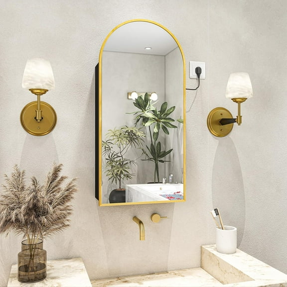 FKWin Arched Medicine Cabinets with Mirror, Bathroom Storage with Charging Station and 3 Adjustable Shelves, Bathroom Mirror with Storage, Medicine Cabinet Mirror, Bathroom Cabinet, 16"x32", Gold