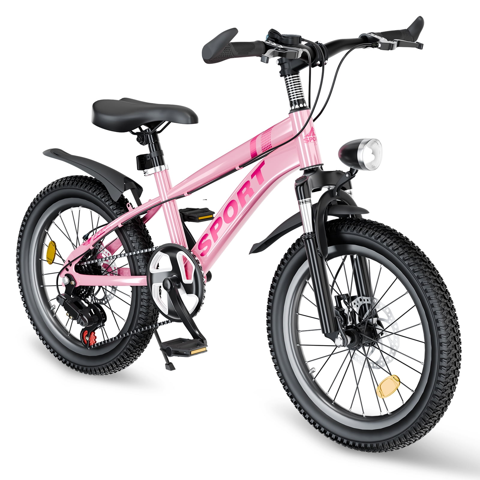 20 Inch Kids Mountain Bike for Boys & Girls Ages 7-12 – 7-Speed Gears, Dual Disc Brakes, Shock Absorber Front Fork, LED Light – Silver & Pink