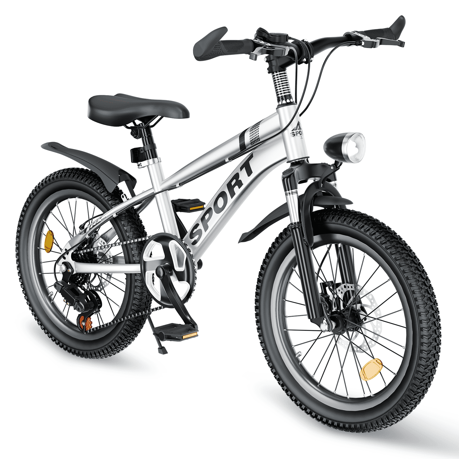 24 Inch Kids Mountain Bike for Boys & Girls Ages 7-12 – 7-Speed Gears, Dual Disc Brakes, Shock Absorber Front Fork, LED Light – Silver & Pink