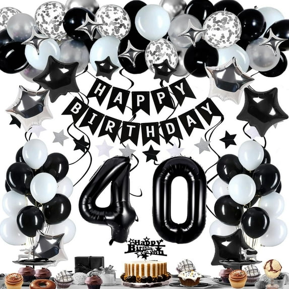 FL Birthday Decorations for Men Women, Black White and Silver Happy Party Decor Set with 25 Number Foil Balloons, Banner, Cake Topper for Him Her