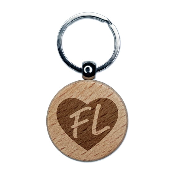 FL Florida State in Heart Round Keychain Charm Tag - Engraved Wood