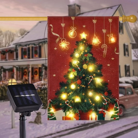 FLAGMESAGE Solar LED Christmas Tree Flag, Lighted 28x40 Double Sided Merry Christmas Flag for Outdoor Yard Garden Lawn House Decoration C80