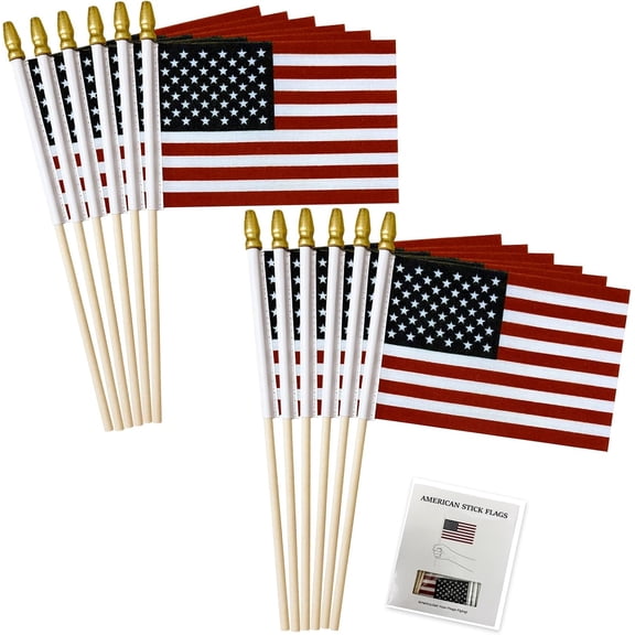 FLAGWIN Small American Flags on Stick 4x6 Inch, 12 Pack Mini USA Flag Hand Held Stick Flags with Wooden Spear Top, Veterans Day, 4th of July, Patriotic Decorations