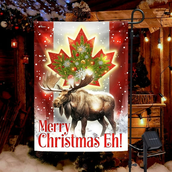 FLAGWIX Canada Merry Christmas Eh Canada Moose Solar LED Garden Flag MLN2059SF - USA Flags Decor Indoor Outdoor