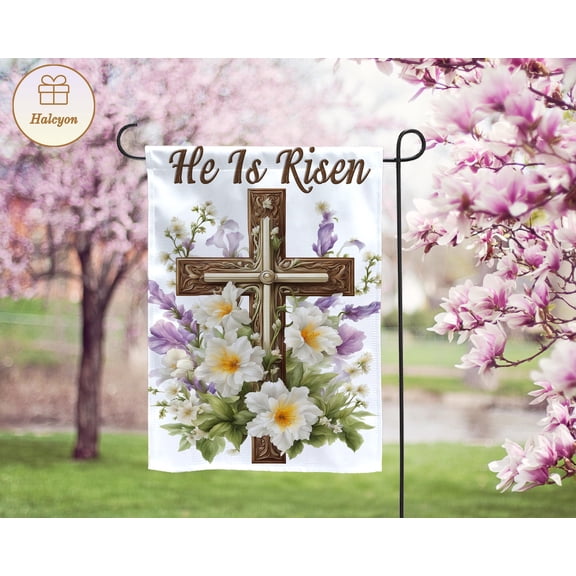 FLAGY Floral Easter Cross Garden Flag, Christian He Is Risen Yard Sign, Jesus Welcome Porch Decor