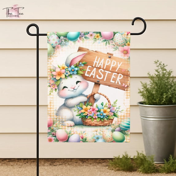 FLAGY Happy Easter Day Garden Flag, Easter Bunny Floral Spring Outdoor ...