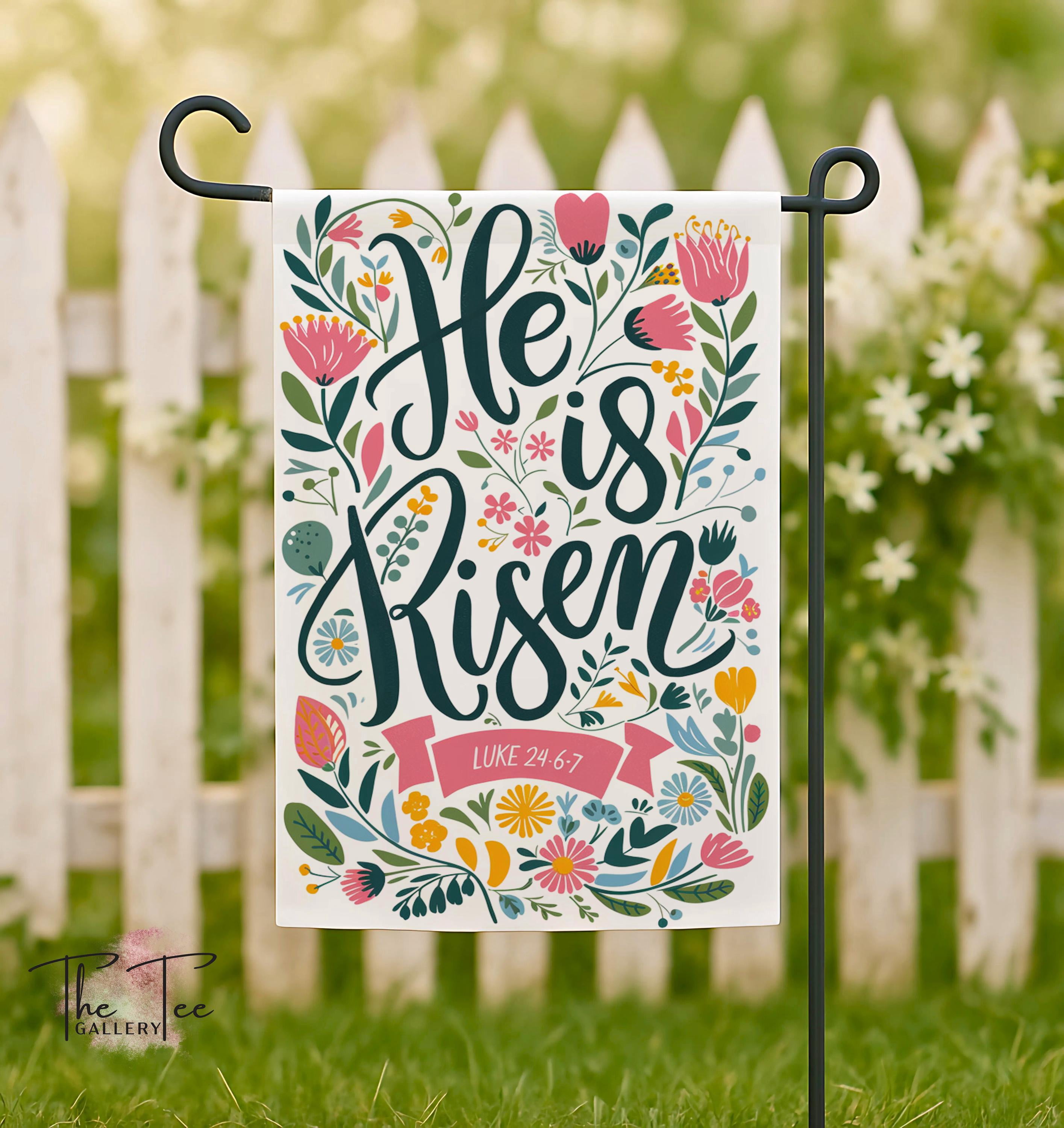 FLAGY He Is Risen Garden Flag, Floral Christian Easter Yard Sign, Religious Jesus Welcome Porch Decor