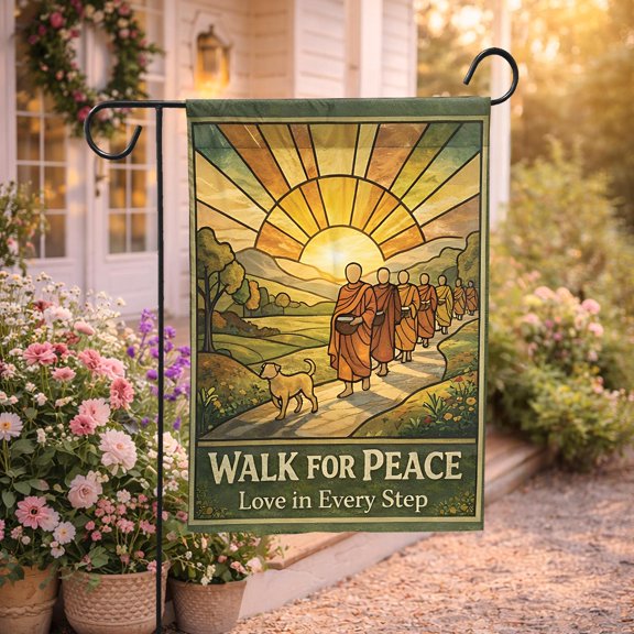 FLAGY Walk for Peace Monk Garden Flag, Buddhist Monks with Aloka Dog, Spiritual Mindfulness Peace Gift