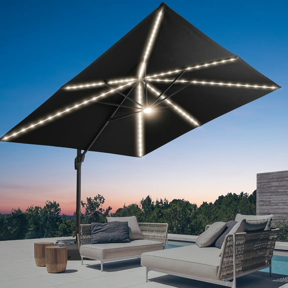 FLAME&SHADE 10*10FT Square Cantilever LED Umbrella For Your Outdoor Space – Solution-Dyed Fabric, Aluminum Frame, and Innovative 360° Rotation System,Black