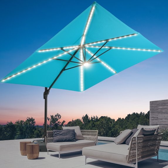 FLAME&SHADE 10*10FT Square Cantilever LED Umbrella For Your Outdoor Space – Solution-Dyed Fabric, Aluminum Frame, and Innovative 360° Rotation System,Lake Blue