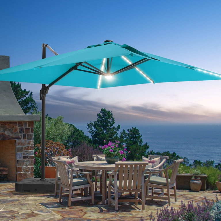 canvas patio umbrellas Grand Patio x Sunbrella 10 ft Square Patio Umbrella Deluxe Curvy Aluminum Offset Umbrella, Outdoor Cantilever Umbrella w/ Base, Canvas Sapphire Blue,