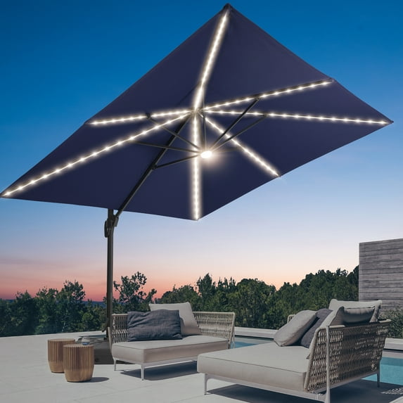 FLAME&SHADE 10*10FT Square Cantilever LED Umbrella For Your Outdoor Space – Solution-Dyed Fabric, Aluminum Frame, and Innovative 360° Rotation System,Navy Blue