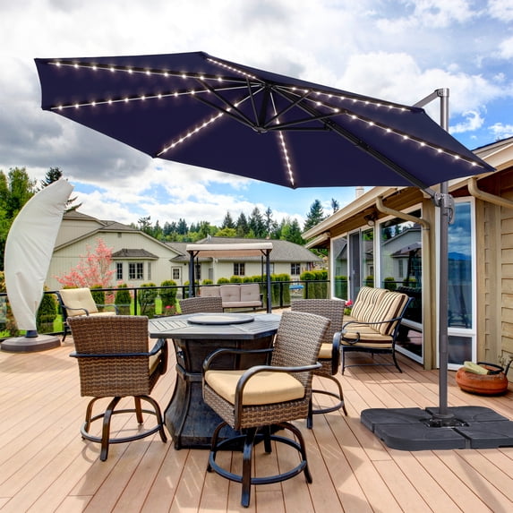 FLAME&SHADE 10Ft LED Outdoor Round Patio Cantilever Market Offset Umbrella for Deck, Balcony and Poolside, Navy Blue